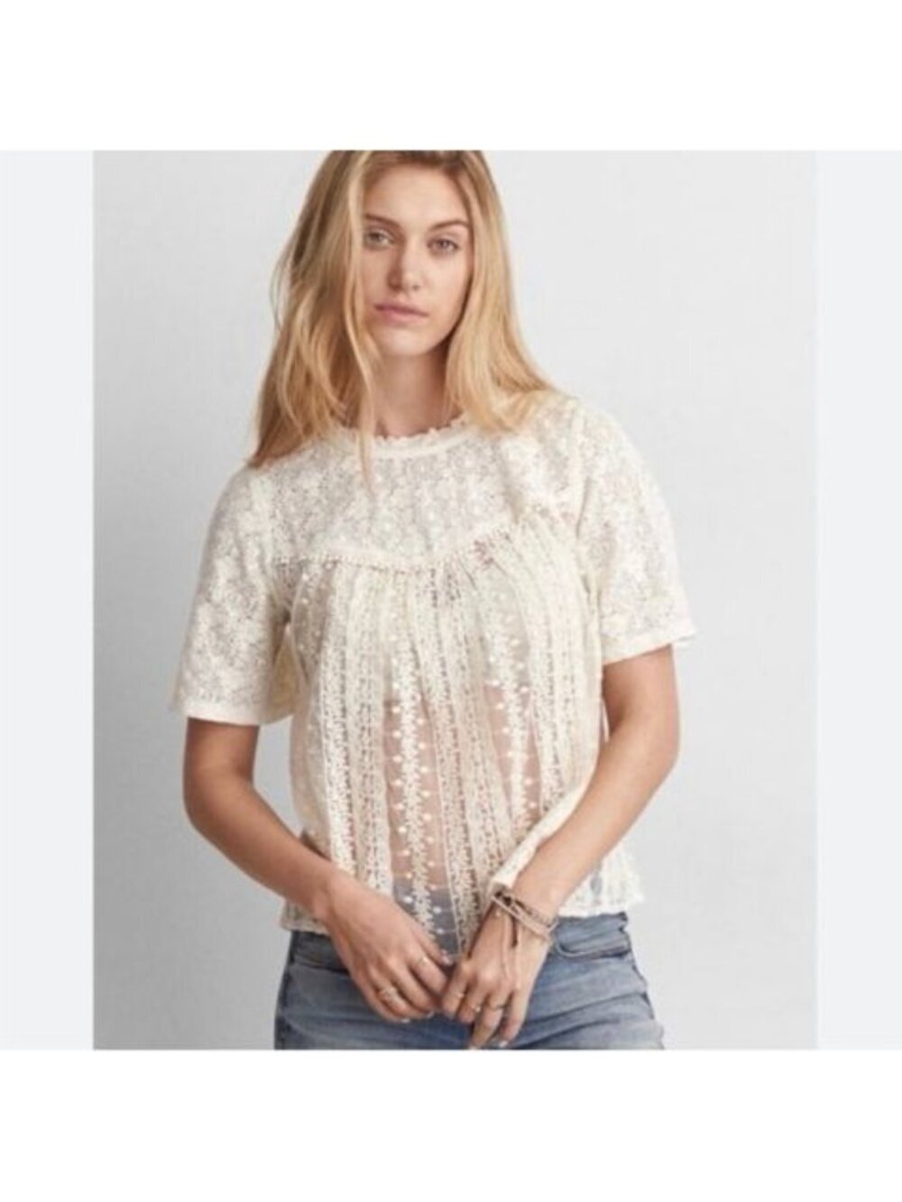 American Eagle Cream Lace Bib Blouse Boho Cottagecore Sheer Embroidered Top S
